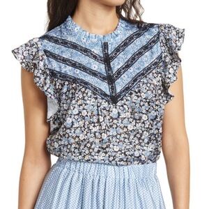 H HALSTON Lace Appliqué Washed Satin Top Poppy Black Blue Size Medium NWT